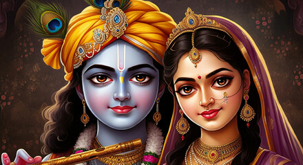  A close-up of Lord Krishna and Goddess Radha adorned with golden details, symbolizing eternal love, joy, and divine beauty