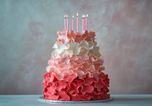 Elegant multi-layered cake adorned with soft ruffles in shades of pink, topped with five lit candles on a textured background for celebration or event photography