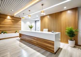 Modern clinic's reception desk: White wood grain, detailed macro shot bathed in soft natural light.