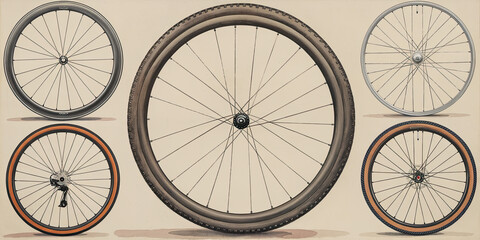 Fototapeta premium Vintage Bicycle Wheel Illustrations Spoked Wheels Tires Cycling History