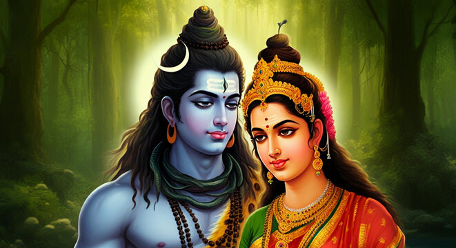 A serene portrayal of Lord Shiva and Goddess Parvati with golden crowns, symbolizing unity, love, and spiritual power