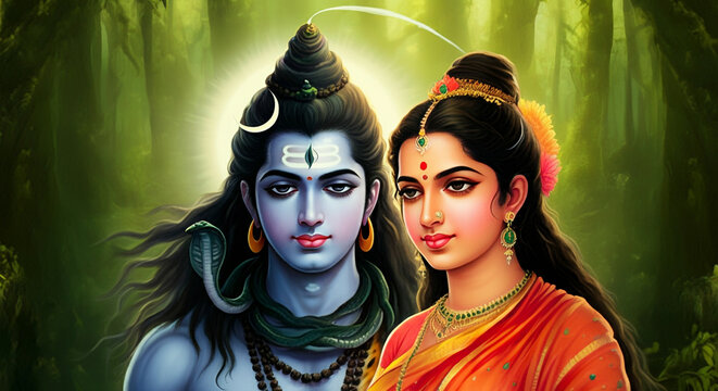 Lord Shiva and Goddess Parvati depicted together under a crescent moon, symbolizing divine love and cosmic energy