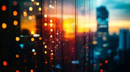 Obraz premium Cityscape sunset view through glass with digital data overlay.