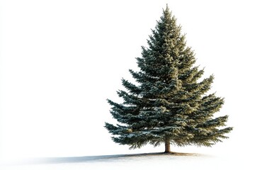 Fototapeta premium A majestic evergreen tree, lightly dusted with snow, stands alone against a white background. Perfect for holiday designs, winter scenes, or nature-themed projects.