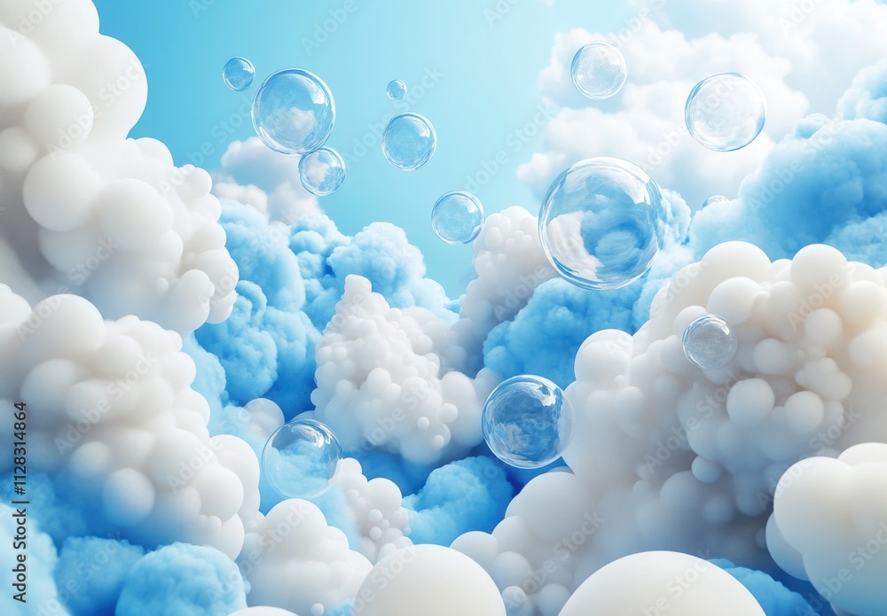 Poster ethereal scene of soft clouds and floating bubbles against a serene blue background evoking a dreamy