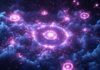 Ethereal Galaxy with Spiraling Light Patterns Above Clouds Creating a Mystical Universe at Night with Vibrant Shades of Purple and Twinkling Stars