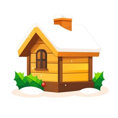 A clean white-style image of A winter birdhouse surrounded by snow and holly. 