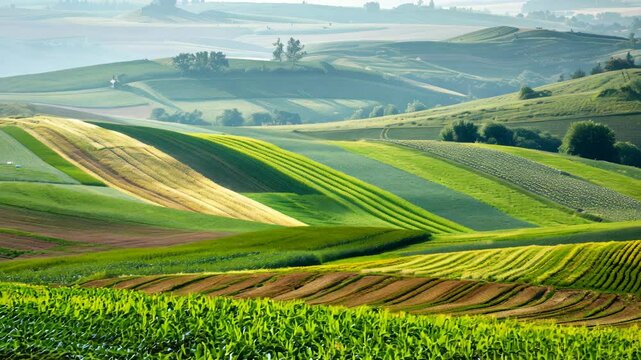 Vibrant patchwork fields and gently rolling hills under the serene morning light, showcasing the beauty of agricultural landscapes and rural serenity.