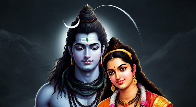 Lord Shiva and Goddess Parvati in a loving pose under the crescent moon, symbolizing their eternal bond and cosmic energy