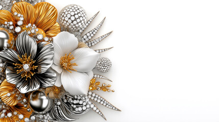 A luxurious arrangement of gold and silver flowers and orbs, encrusted with sparkling diamonds on a white background