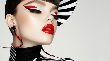 A close-up woman with bold, modern makeup featuring sharp red and black winged eyeliner, glossy red lips, and a flawless complexion. She wears dramatic accessories