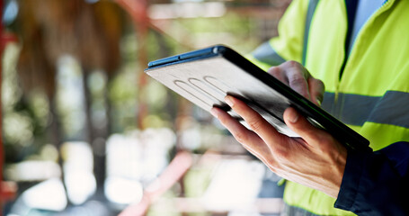 Hands, tablet and construction worker with typing, person and inspection for building development. Engineer, touchscreen and check with blueprint, notification and stats on application at property