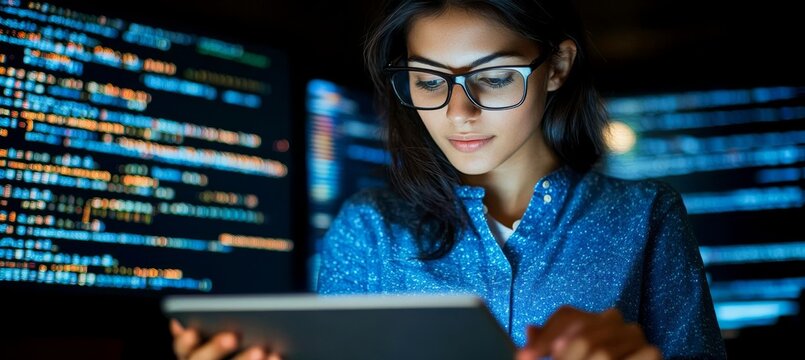 Young Female Programmer Working on Tablet in Front of Code Screens  

