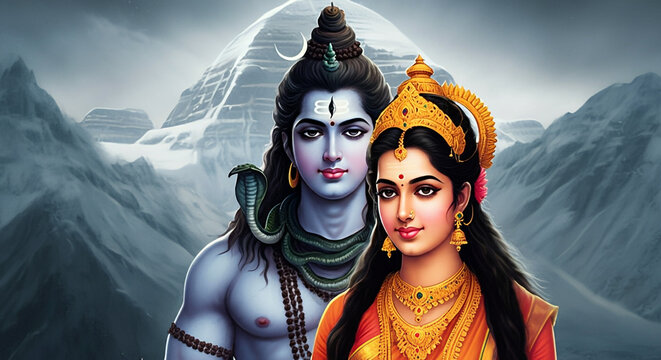 A beautiful illustration of Lord Shiva and Goddess Parvati together, with a celestial glow and mountain background symbolizing their divinity