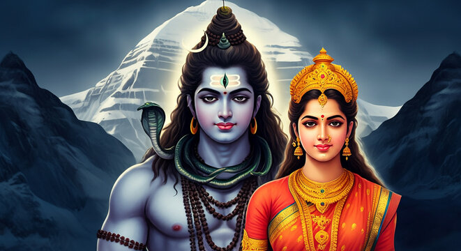 A serene depiction of Lord Shiva and Goddess Parvati in front of a majestic mountain backdrop, symbolizing power and tranquility