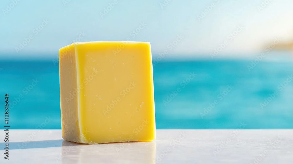 Poster creamy yellow cheese block resting on surface with ocean background