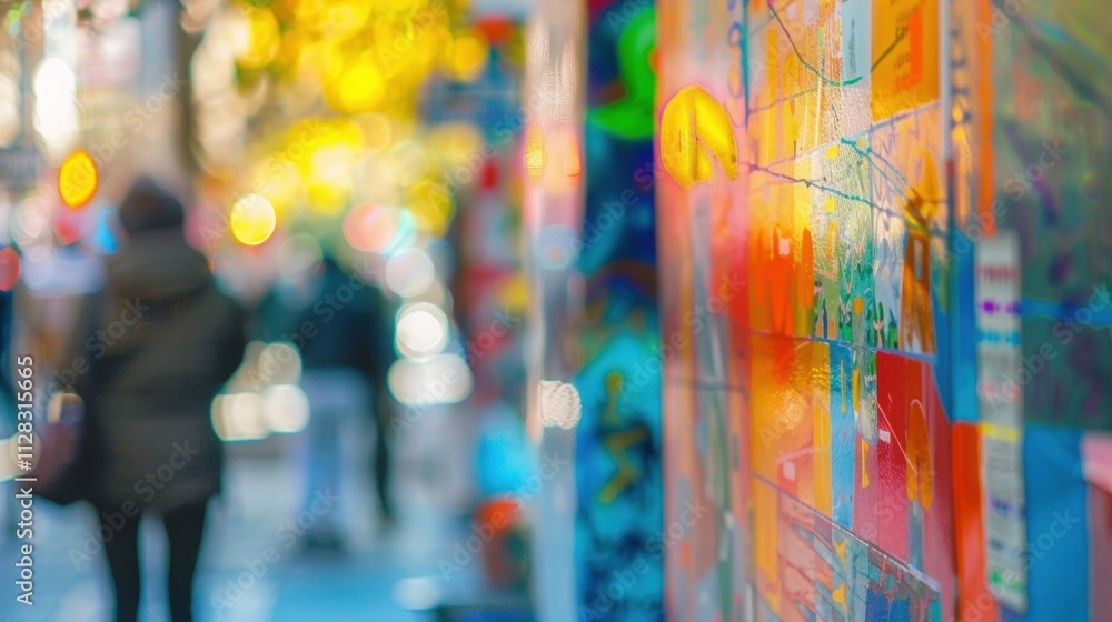 Poster distant figures blend together as they peruse the diverse array of street art on display.