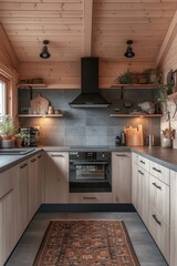 Cozy Rustic Kitchen With Wooden Walls and Shelves