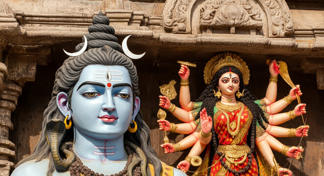 A majestic sculpture of Lord Shiva with Goddess Parvati in the background, symbolizing strength, devotion, and spiritual balance