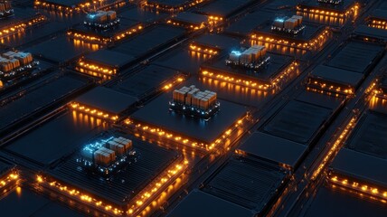 Aerial view of an automated warehouse showcasing advanced robotics and efficient storage solutions.