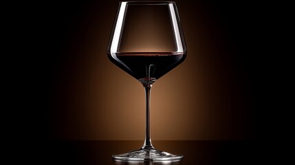 Red wine in a large stemmed glass against a dark brown background.