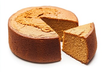 Freshly Baked Golden Sponge Cake with a Perfect Slice Removed, Showcasing Soft Texture and Delicious Aroma, Ideal for Dessert or Celebration Use in Cookbooks and Blogs