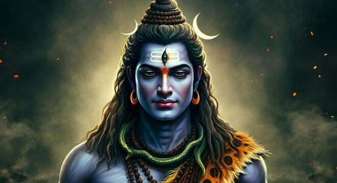 A striking digital artwork of Lord Shiva with intense eyes, crescent moon on his hair, and a glowing aura, symbolizing divine calm and power