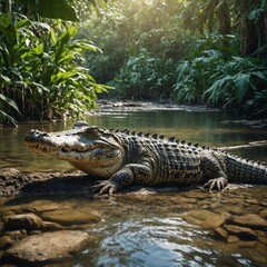 A crocodile sunbathing by a river in a dense jungle.