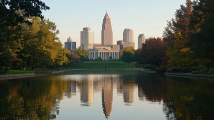 Obraz premium Tranquil Urban Skyline Framed by Trees in Morning Light