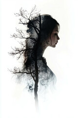 Striking Side Profile of a Woman with Flowing Hair and Nature Overlay