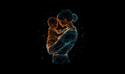 Mother and child low poly technology background with abstract polygonal digital design