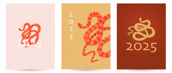 Set of posters for the new chinese year of the snake with a scaly pattern. Template of a greeting banner with an image of a wriggling snake. Cover for a calendar or a postcard. Vector illustration.