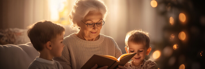 Grandmother reading a story to grandchildren near christmas tree