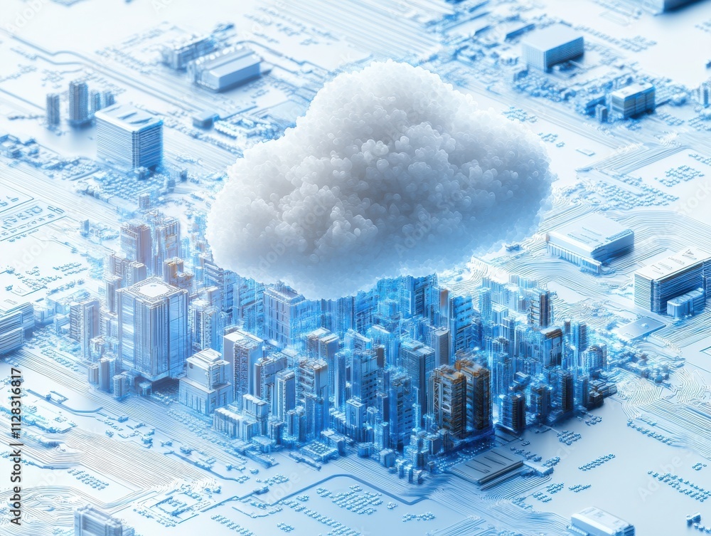 Poster futuristic cityscape overlaying circuit board design with cloud icon representing cloud computing te
