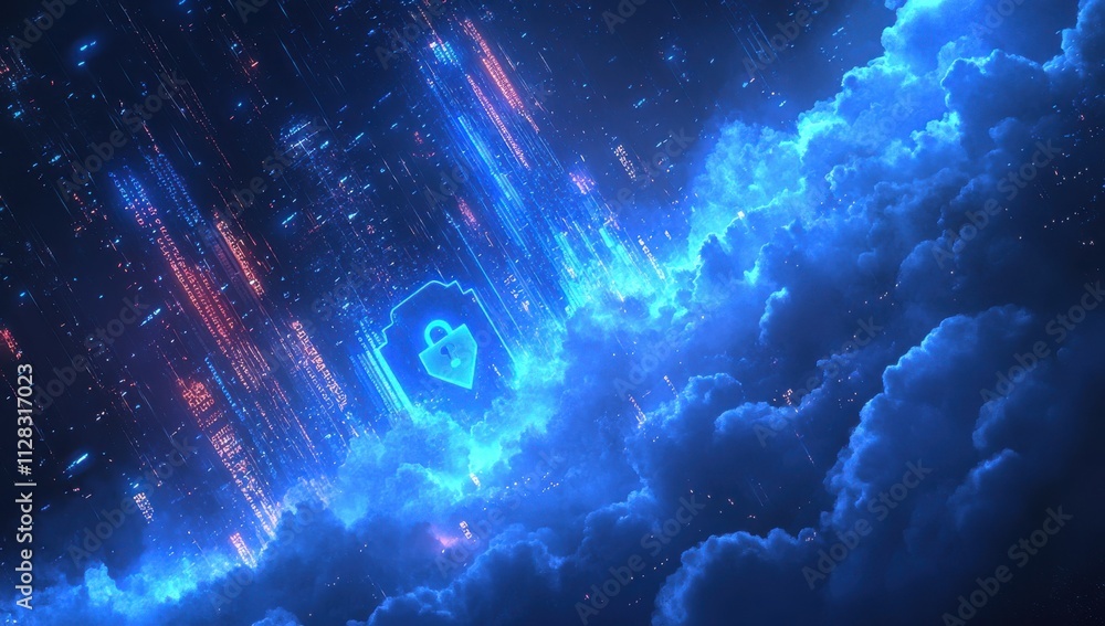 Poster futuristic cloud cityscape with digital lock symbol representing cybersecurity and advanced technolo