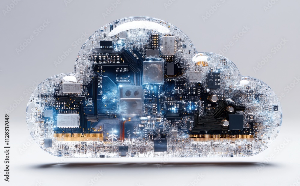 Poster futuristic cloud computing concept design with embedded circuitry and digital elements representing 