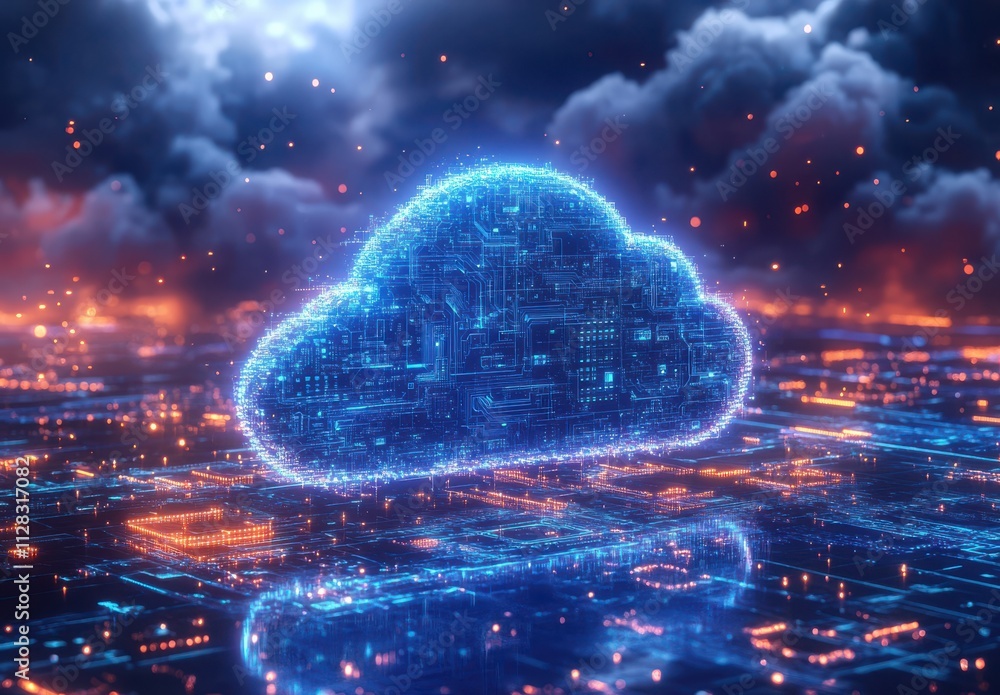 Poster futuristic cloud computing concept representing advanced digital storage and data management over a 