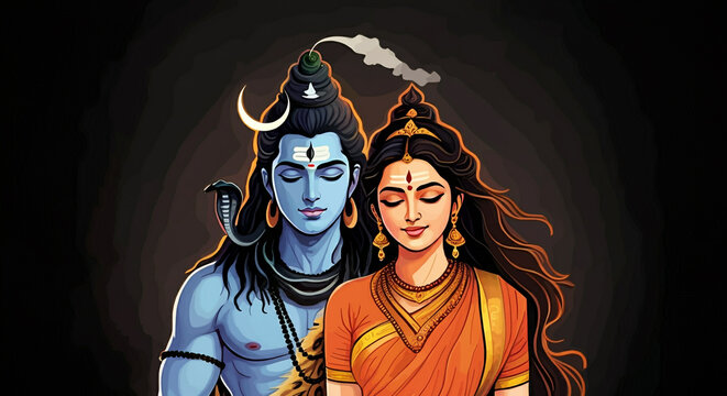 Lord Shiva and Goddess Parvati in a serene depiction, symbolizing cosmic balance, unity, and divine love amidst a dark backdrop
