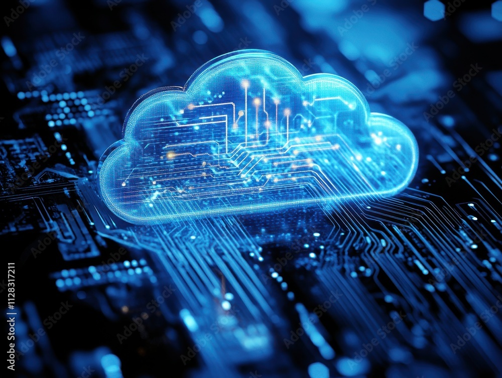 Poster futuristic cloud computing concept with circuit board background, representing technology, data stor