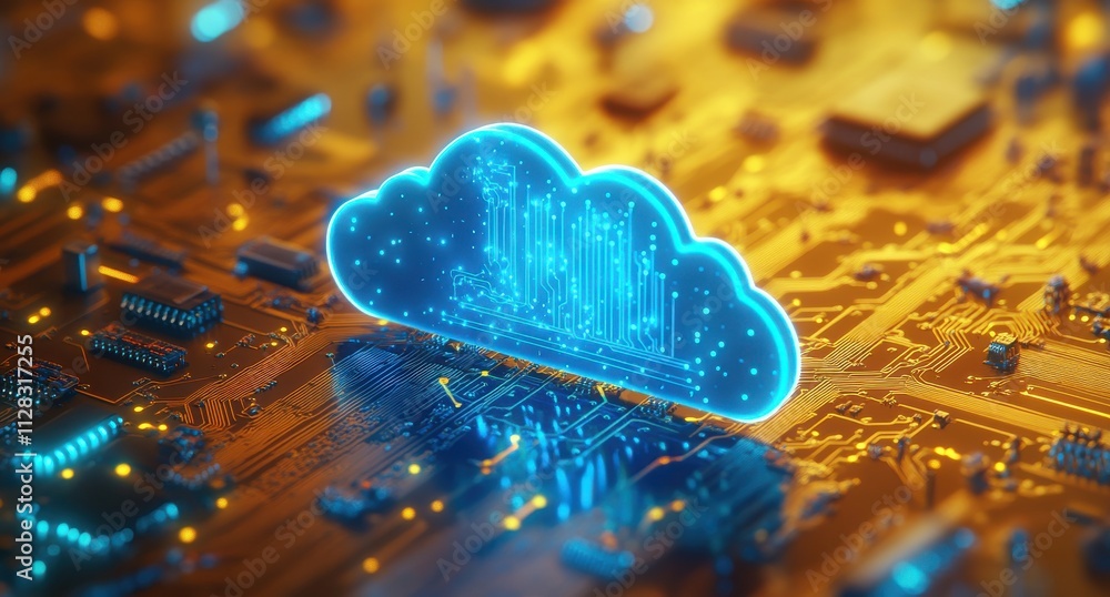 Poster futuristic cloud computing concept with digital circuit board and neon blue cloud symbol on a high-t