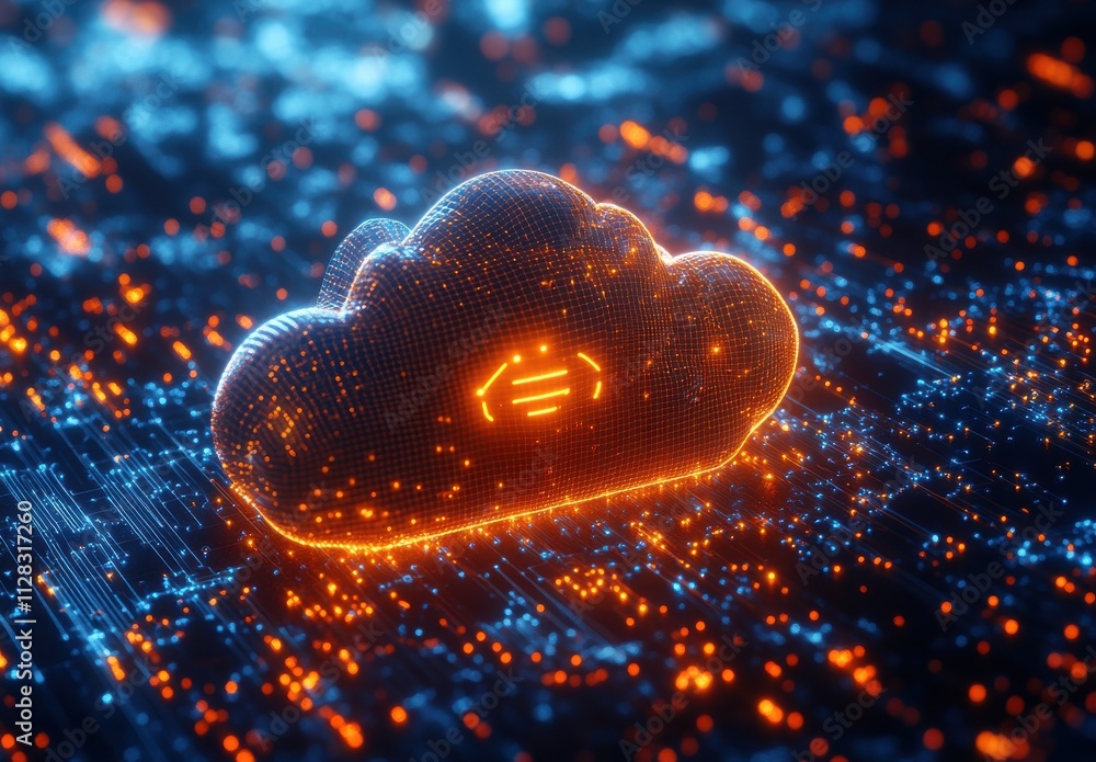 Poster futuristic cloud computing concept with data flow and digital connections representing modern techno