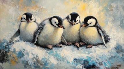 Four Penguin Chicks Huddled Together In Snowy Habitat