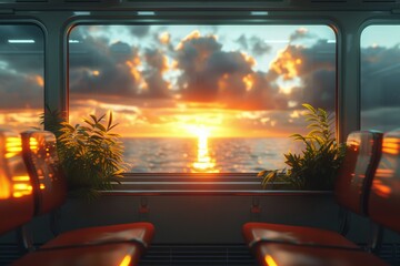 Fototapeta premium Scenic Train Ride with Vibrant Orange Sunset Reflecting Over Ocean Horizon Viewed Through Window with Empty Seats and Lush Greenerytranquil