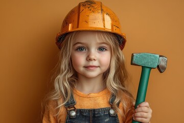 Little girl in an engineer's helmet holding a blueprint, a playful and educational moment.
