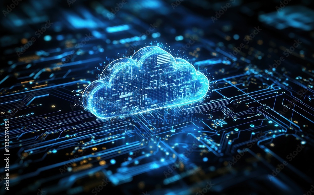 Poster futuristic cloud computing concept with digital circuitry background illuminating the modern era of 