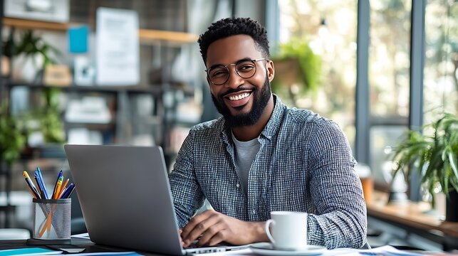 A professional attending an online certification course on a laptop, with a cup of coffee and stationery on the desk, surrounded by modern office decor 