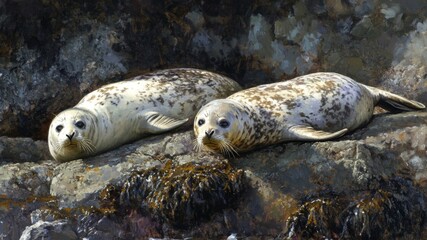 Two Harbor Seals Resting on Rocky Coastline