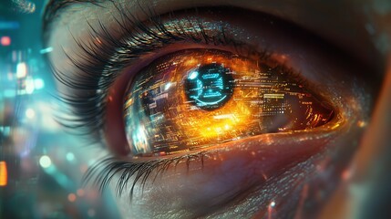 A close-up eye shines in a high-tech landscape of circuits, holograms, and advanced technology.