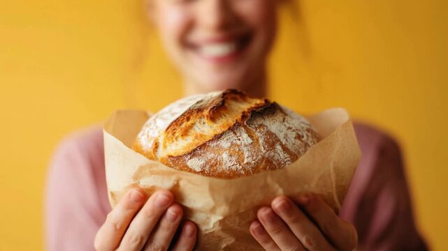 Smiling woman holding a freshly baked artisanal bread loaf wrapped in parchment paper against a yellow background