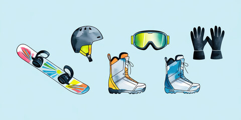 Naklejka premium Snowboarding Gear Helmet Boots Goggles Gloves Snowboard
